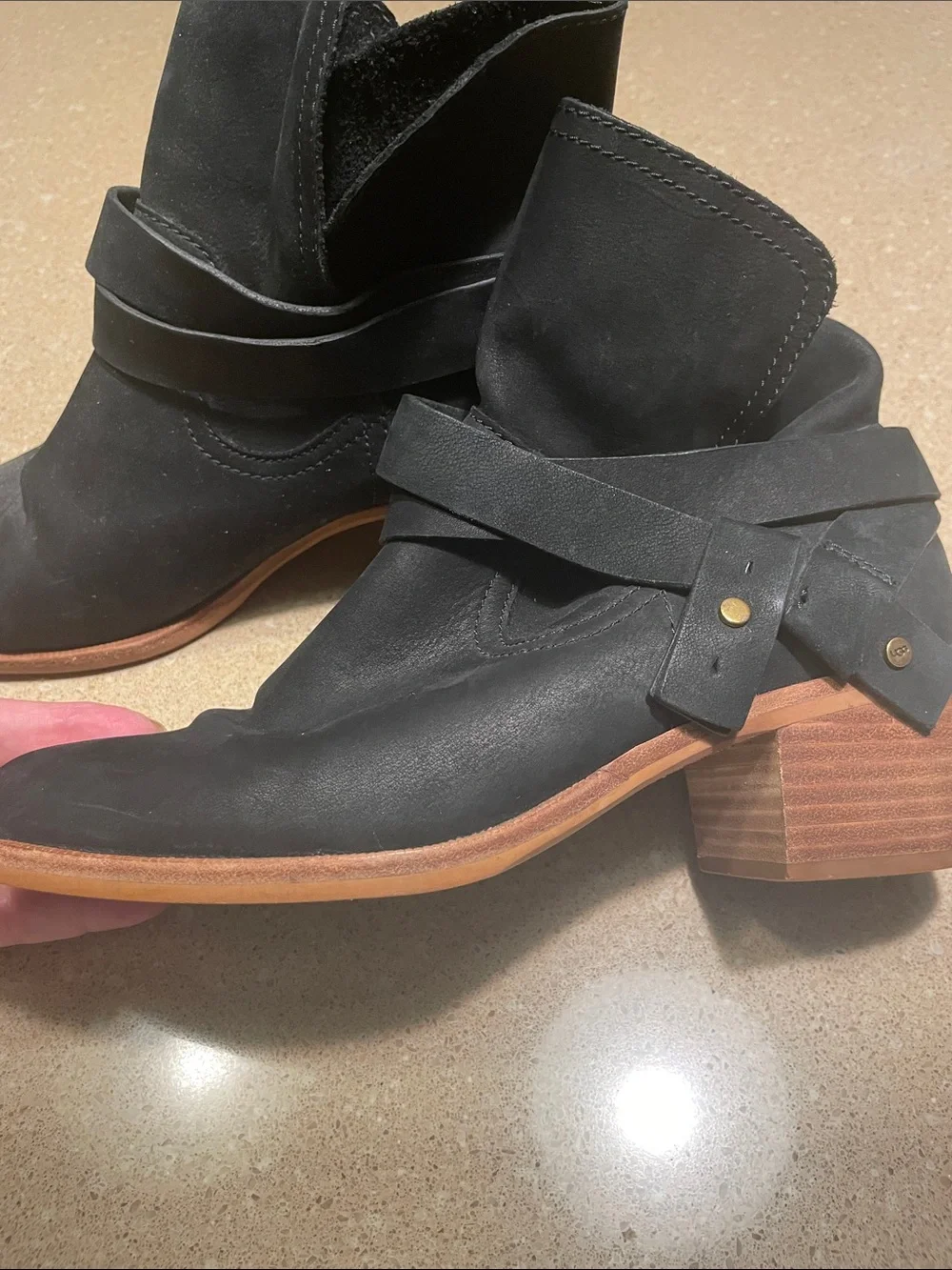 UGG Black Leather Ankle Booties with Wrap Strap